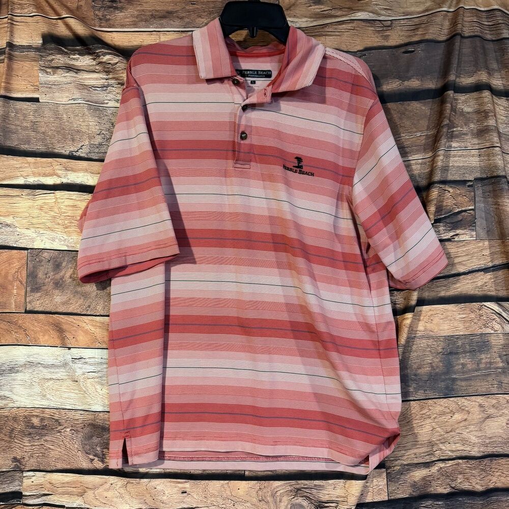 Pebble Beach Performance Men's Polo Shirt Large Red Striped Short Sleeve Golf